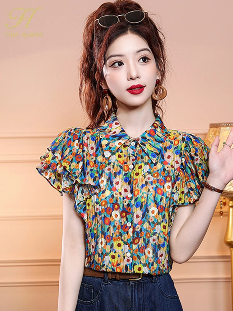 H Han Queen Summer Elegant Chic Office Print Vintage Tops Chiffon Short Sleeve Blouse Women Loose Casual Shirts Woman Clothing