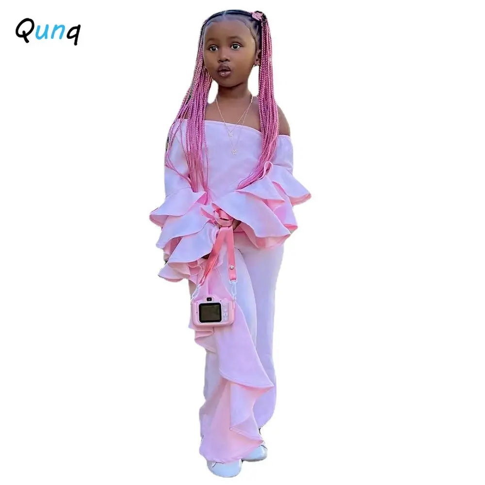 Qunq 2023 Summer Girls Solid Sloping Shoulders Flared Sleeves Top + Ruffled Trousers 2 Pieces Set Casual Kisd Clothes Age 3T-8T