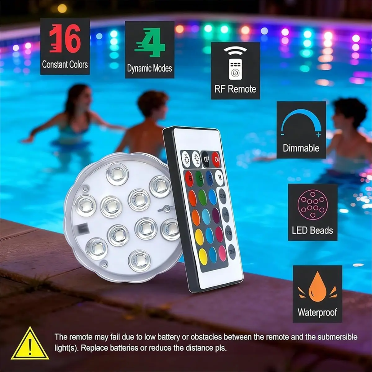 【MUST-HAVE LIST】 Waterproof LED Submersible Lights with Remote, 16 Colors, 4 Modes for Pools, Bathtubs, and More
