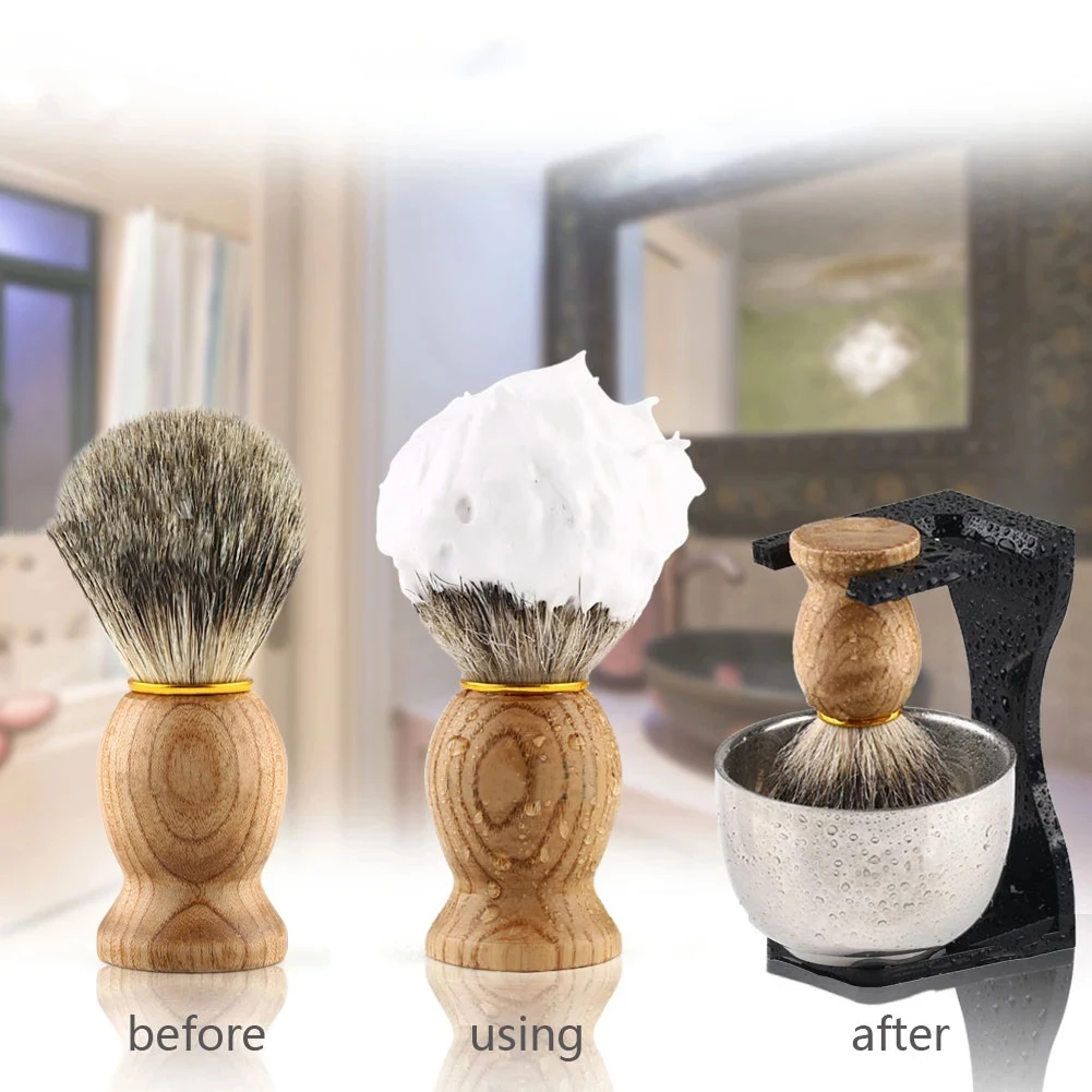 3PCS Shaving Badger Brush Stand Bowl Kit, 22mm Barber Wood Handle Brush, Clear Acrylic Stand Bowl Set for Men Wet Shaving Gift