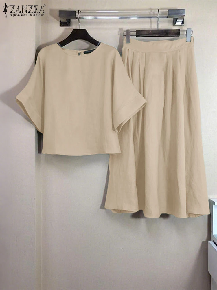 

ZANZEA Womens Casual Loose 2 Pieces Sets 3/4 Sleeve Blouses Elastic Waist Midi Skirts 2pcs Outfits Day Wear Solid Skirt Sets