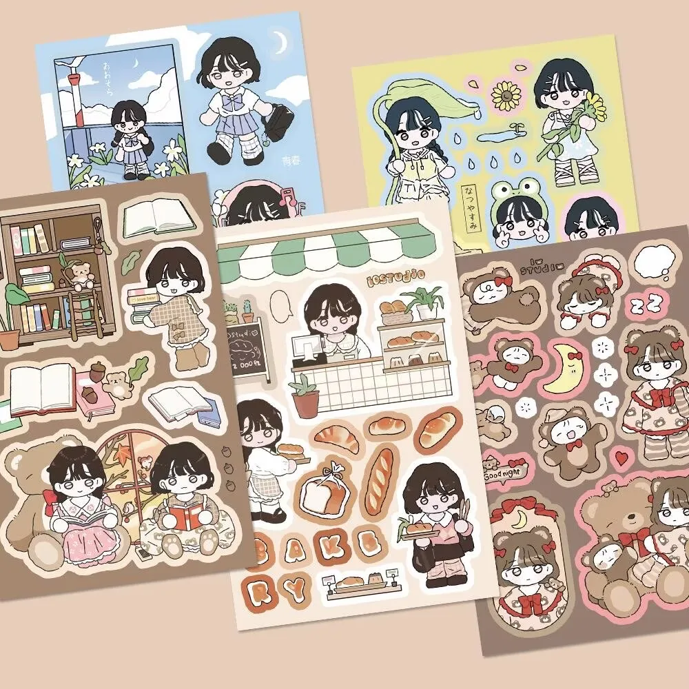 1/5Pcs Cartoon Girl 1 Korean Flat Q-Version Character Stickers Hand Account DIY Material Decorative Stickers Ins High Beauty