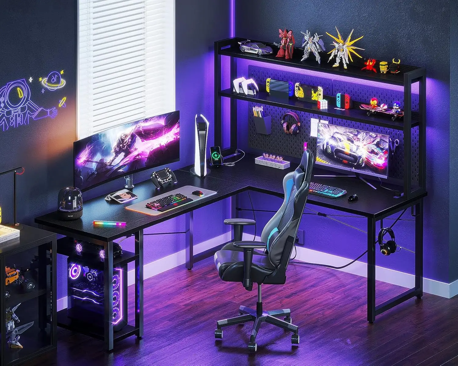 L Shaped Gaming Desk with Hutch & 2 Power Outlets & 2 LED Strips & Monitor Stand, 59