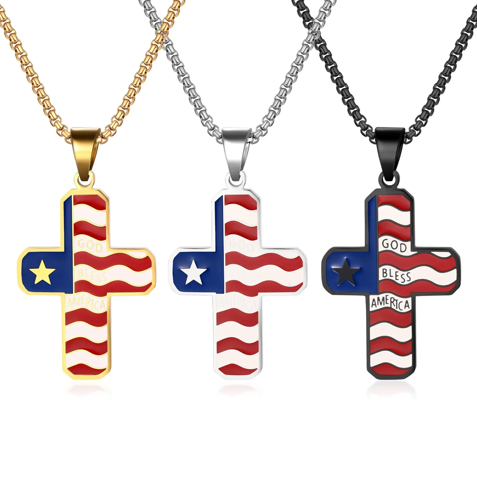 American Flag Cross Necklace for Men Stainless Steel Patriotic Christian Pendant Chain USA Faith Gift for Him Dad Veterans