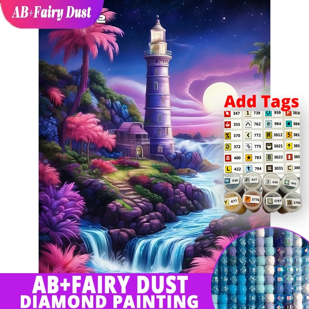 

AB Fairy Dust DMC stickers 5D Diamond Painting Waterfall Rhinestones Picture Mosaic Landscape DIY Craft Kit Embroidery Lighthous