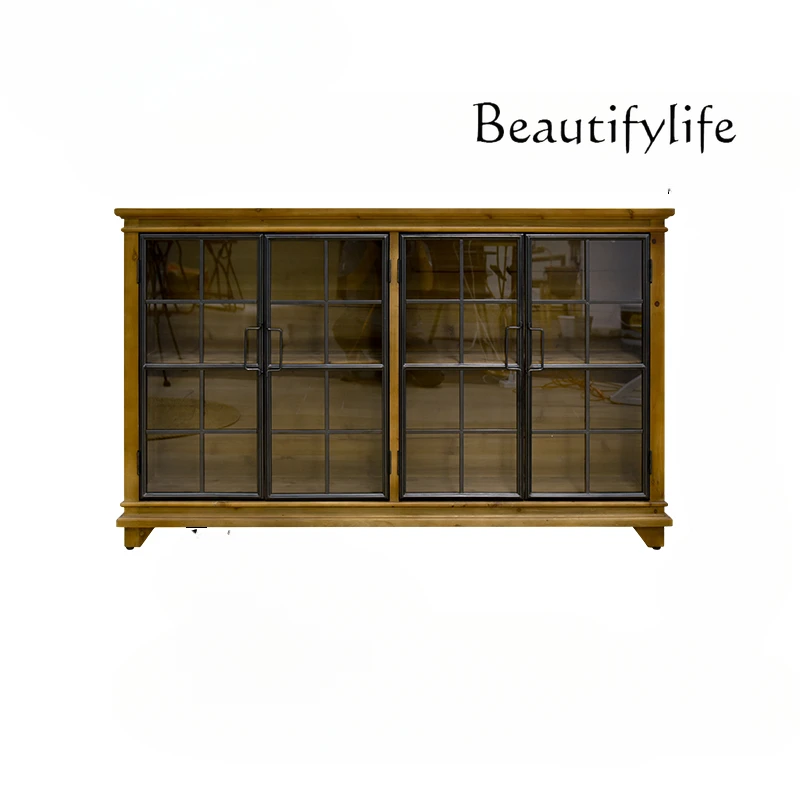 Retro Solid Wood Sideboard Home HD Glass Cabinet Door Display Cabinet Wall Integrated Storage Side Cabinet