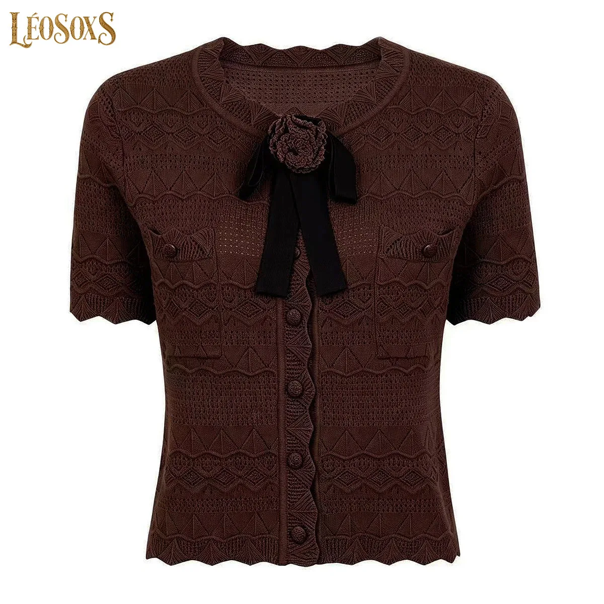 LEOSOXS Commuter Ladies Knit Cardigan Short Sleeve Flower Bow Tie Hollow Pattern Scallop Hem Slim Cropped Knitted Blouse Top