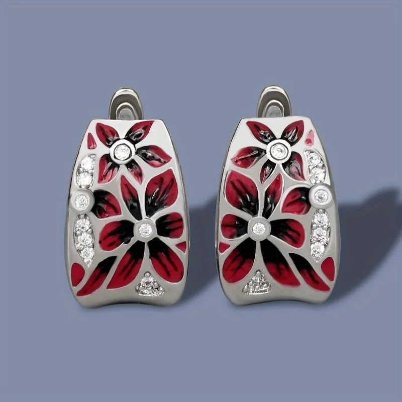 Simple Red Epoxy Flower Carved Hoop Earrings Handmade Enamel Women's Silvery Plated Earrings Wedding Earrings Party Jewelry Gift