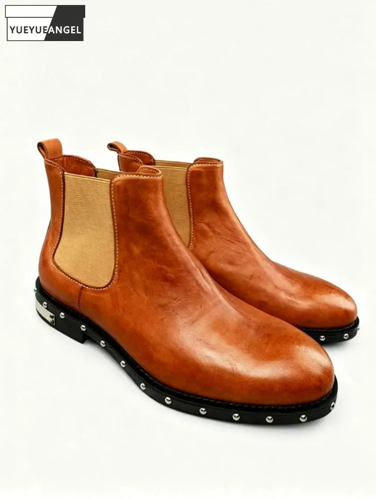 British Style Business Mens Rivet Cowskin Genuine Leather Slip On High Top Shoes Men Fashion Casual Office Chelsea Short Boots