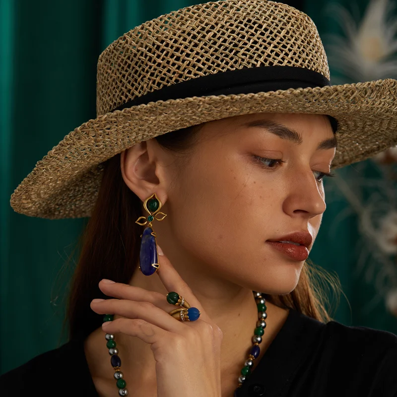 

Vintage Long Glass Drop Earring Leaf For Women Green Agate Water Droplet Gold Color Jewelry Trends 2026 High Quality Wedding