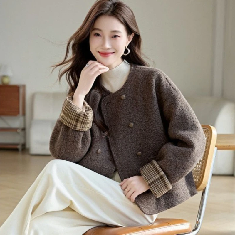 2026 Fashion Double-faced Fleece Short Cotton-padded Jacket Women's Thicken Woolen Coat Winter O-neck Double-breasted Outerwear