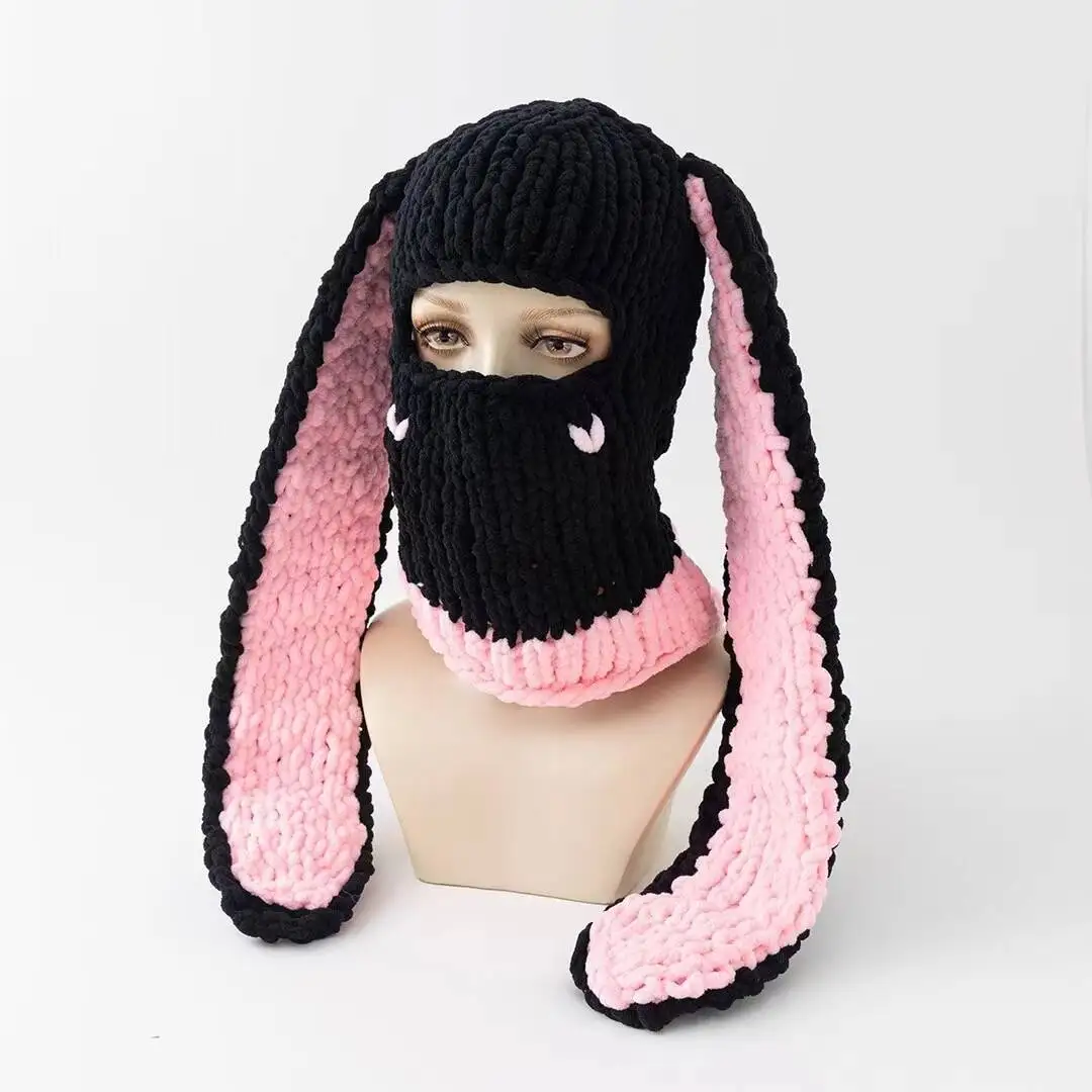 Y2K Long Rabbit Ear Funny Balaclava Hat Winter Thicken Warm Hand Made knitted Beanie Halloween Party Ski Mask Skullies Cap