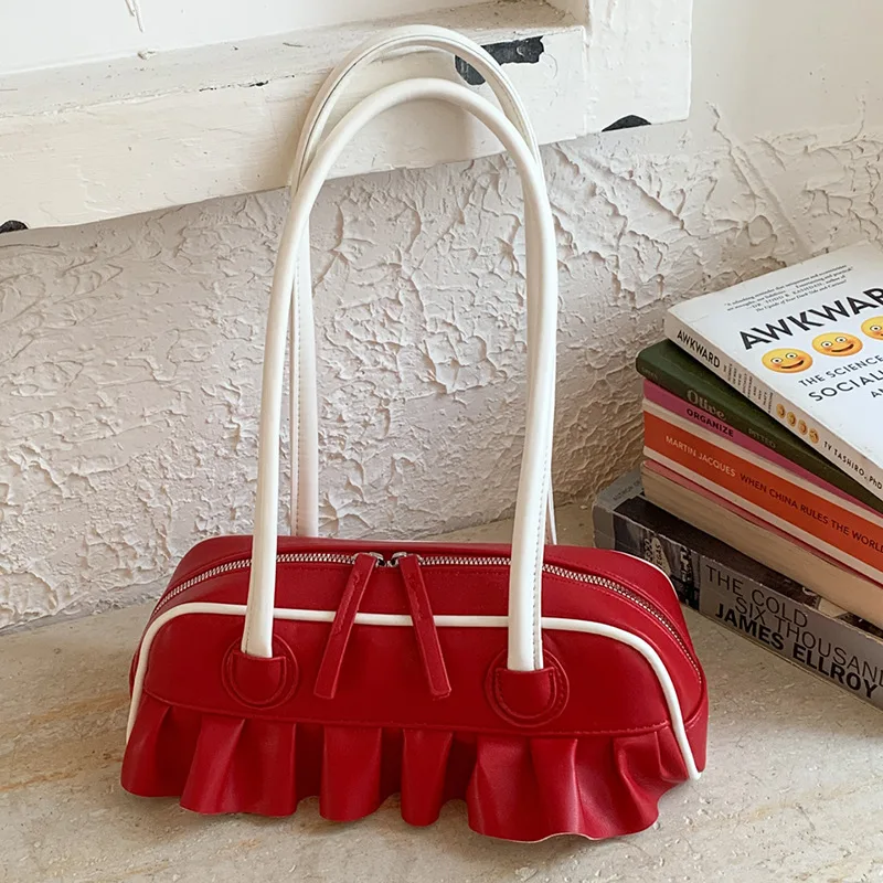 

Korean Retro Ruffle Shoulder Bags for Women Large Capacity Ladies Underarm Boston Bag Contrast Color Female Pillow Handbag