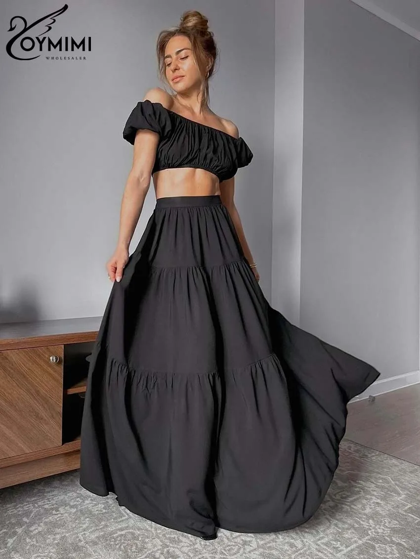 

Oymimi Elegant Black Pleated Sets For Women 2 Pieces Fashion Slash Neck Short Sleeve Crop Tops And Loose Floor-Length Skirts Set