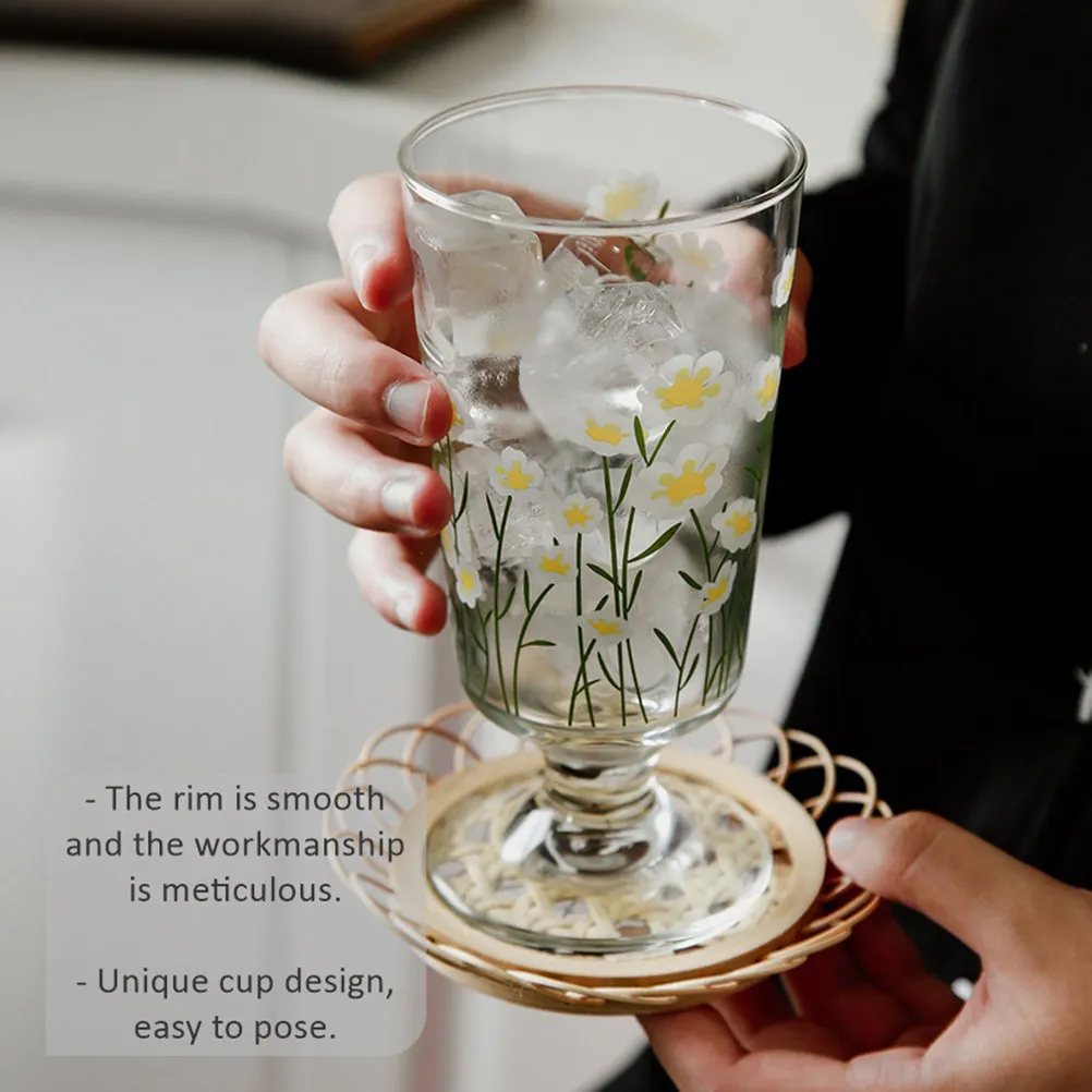 1Pcs Daisy Floral Glass Cup Smooth Rim Meticulous Craftsmanship Multi Use Milk Juice Tea Cup Pastoral Romantic Goblet Glass