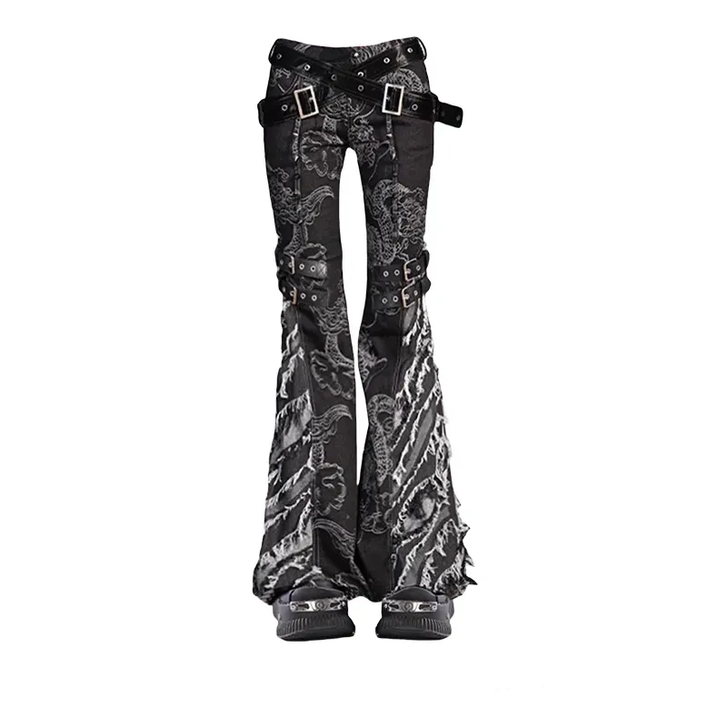 

Black Printed Dragon Pattern Women Baggy Y2K Flare Ripped Jeans Japanese Harajuku Streetwear Vintage Oversize Denim Trousers
