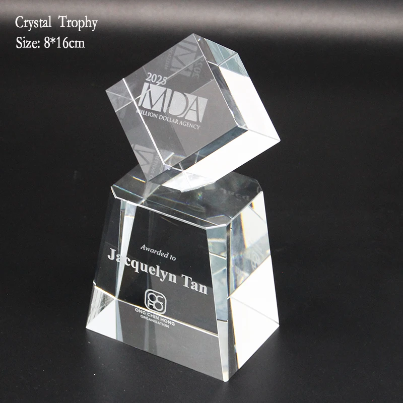 Crystal Standing Cube Tower Award, Gift. Award for Excellence, Achievements, Years of Service, Retirement, Graduation, Club Memb