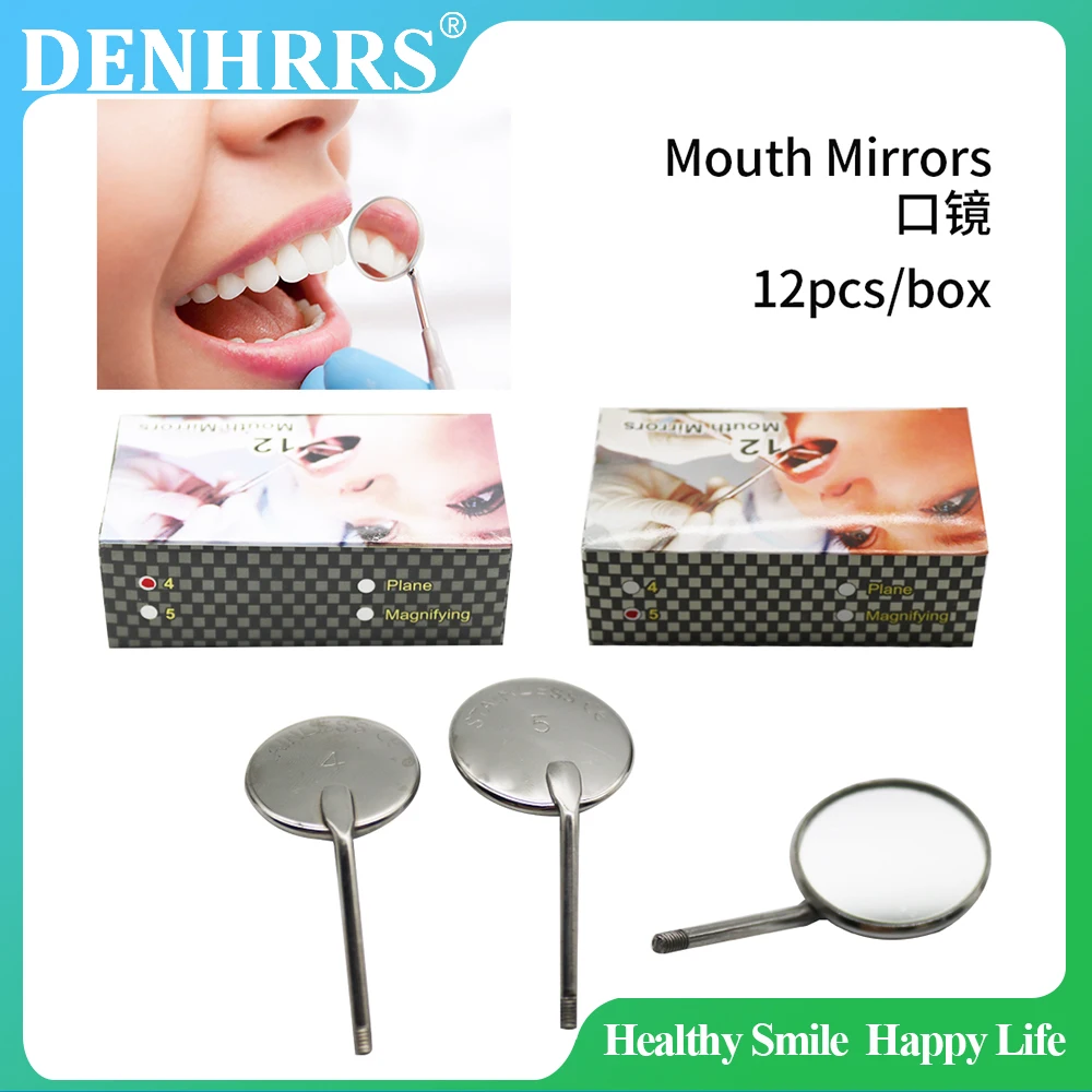 12Pcs/Box Stainless Steel Dental Mouth Mirror 4# 5# Anti Fog Front Surface Dental Mirrors Oral Care Exam Tool