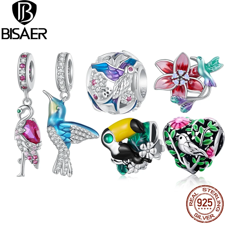 BISAER 925 Sterling Silver Kingfisher Charm Bead Flowers Birds   Flamingo Zircon Pendant Fit Women DIY Bracelet Fine Jewelry