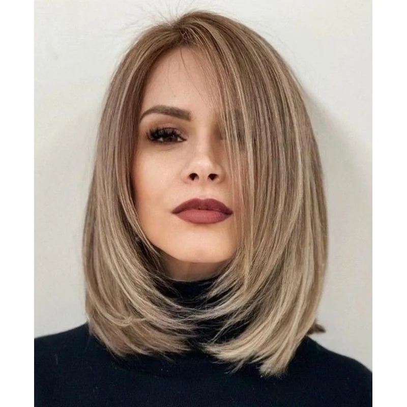 Short Ash Brown Ash Blonde Highlight Lace Front Wigs   Human Hair Bob Wigs