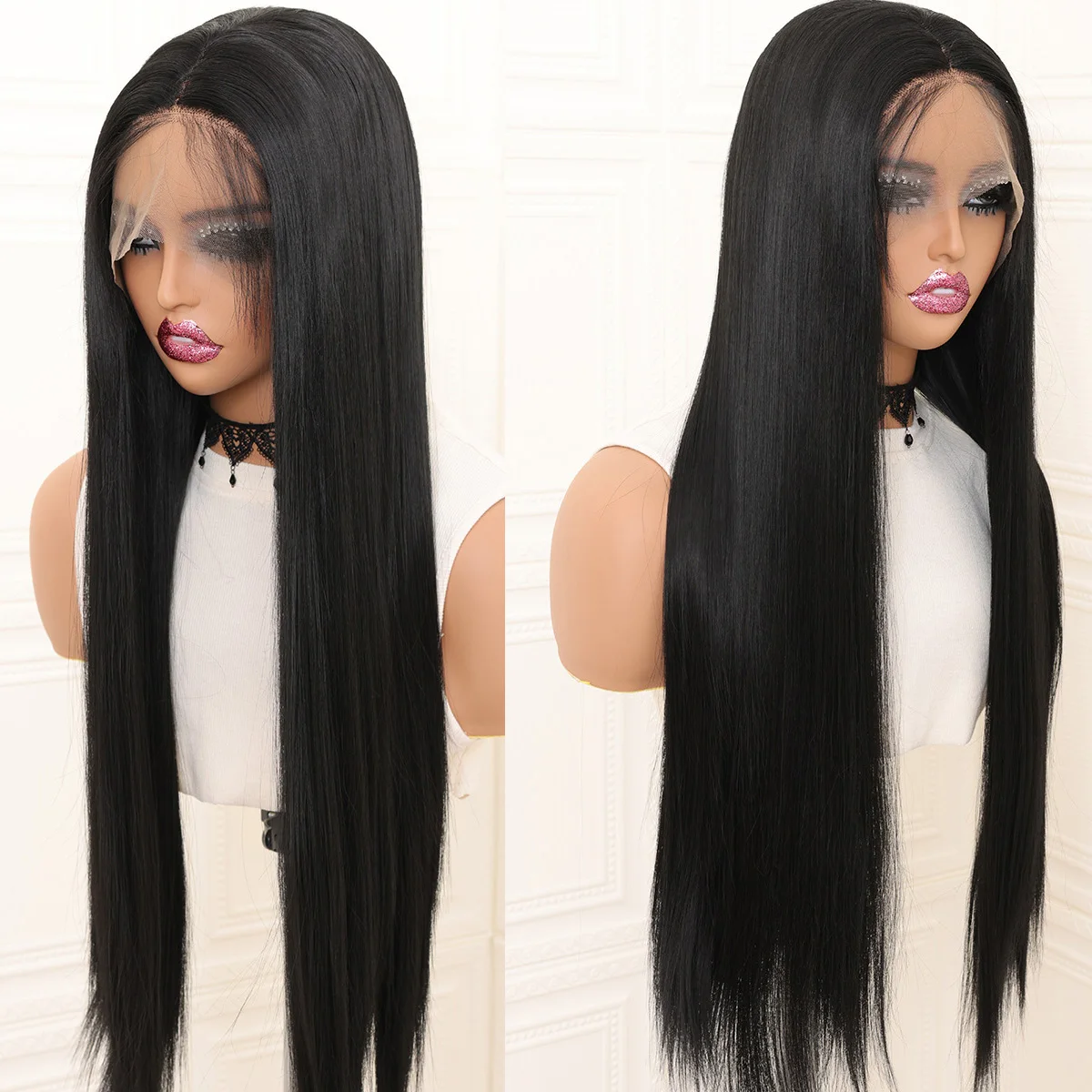 

Silk Straight Lace Front Wig Soft Natural Black 26Inch 180%Density For Women With Baby Hair Glueless Synthetic Preplucked Daily