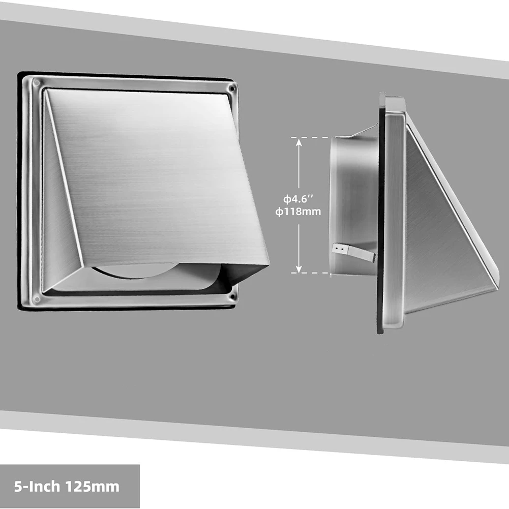 Extractor externo de 5 pulgadas para ventilación de pared, aleta acolchada sin retorno, cubiertas de ventilación para secadora exterior de acero inoxidable para casa