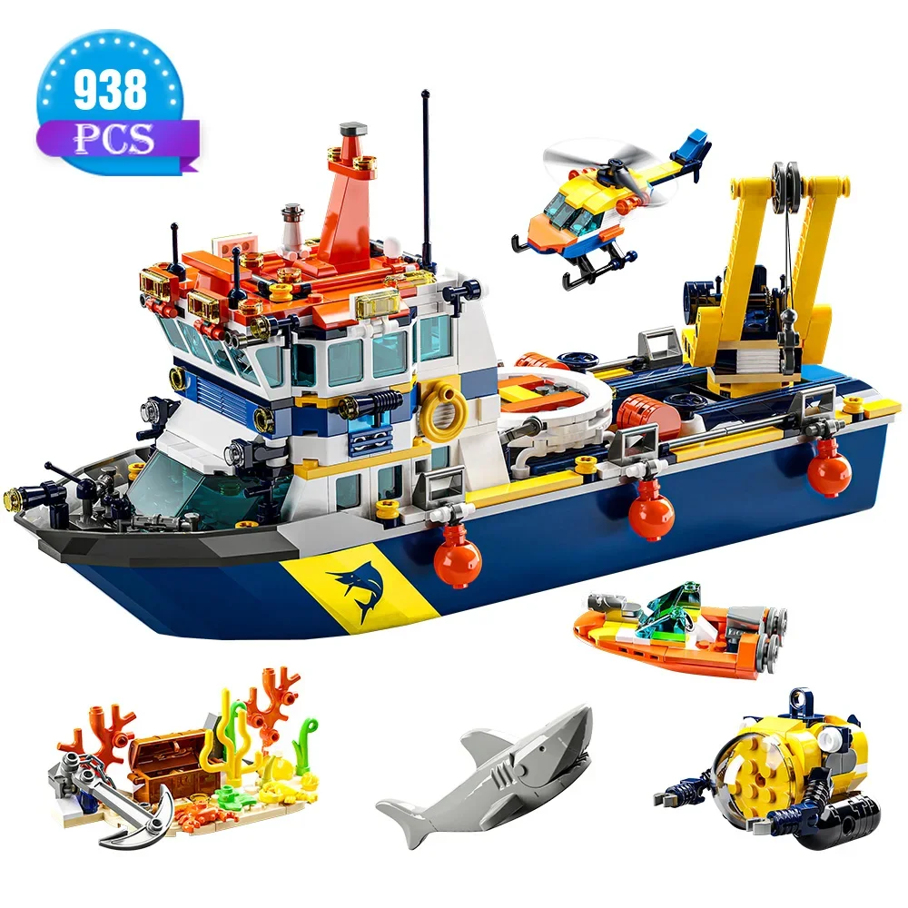 City Ocean Explorer Ship Building Set,Fun Toy Exploration Boat Building Block Kit,Helicopter, Submarine, Birthday Gifts for Kids