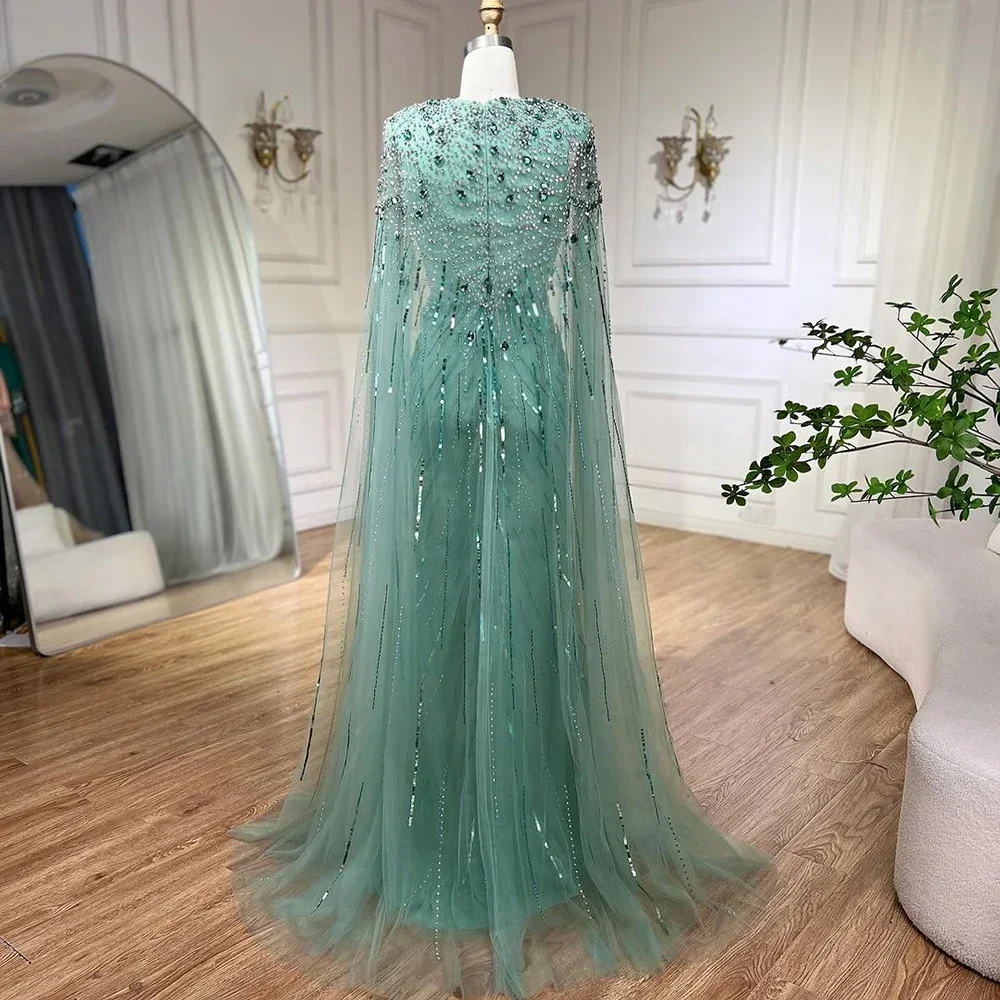 Serene Hill Turquoise Mermaid Evening Dresses Gowns 2025 with Beaded Cape Sleeves Design Customize Wedding Party Customized