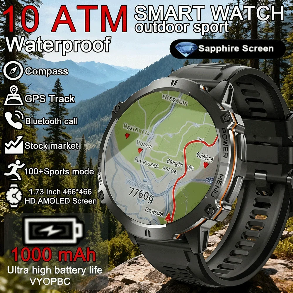 Sport all'aria aperta Smartwatch Batteria da 1000 mAh Schermo AMOLED da 1,73 pollici Orologio da uomo Bussola 10ATM Chiamata Bluetooth impermeabile Smartwatch