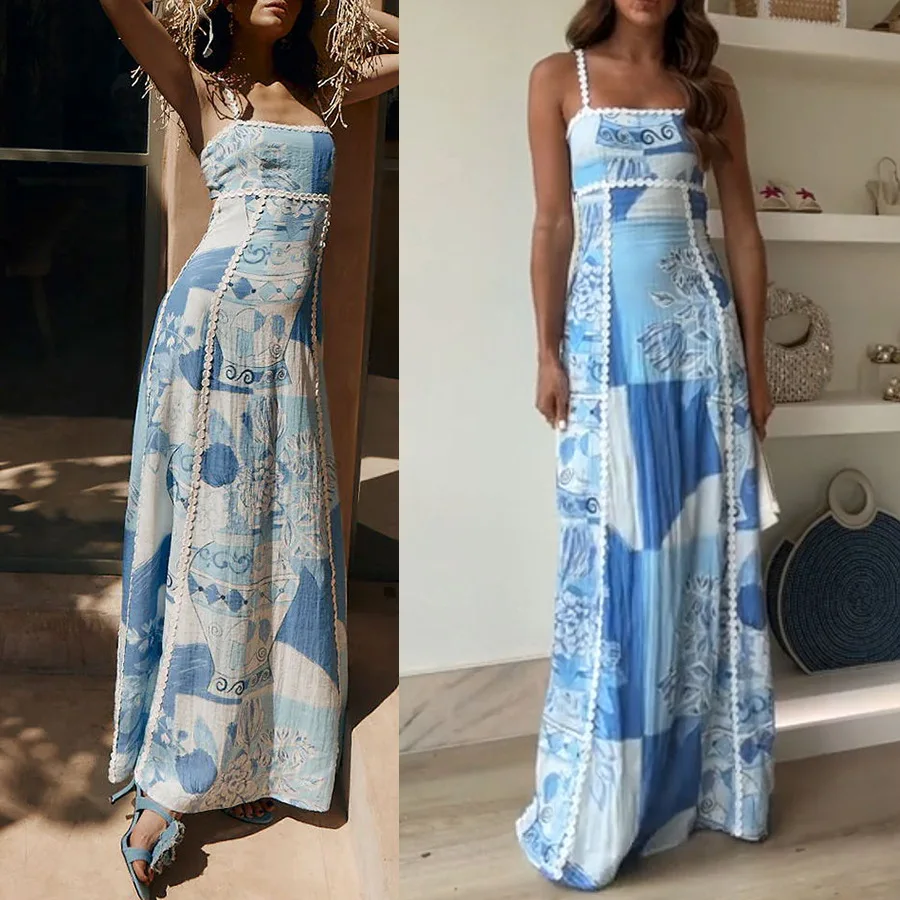 

Women's Sexy Blue Printed Suspender Dress Elegant Backless Lace Long Dress Summer Fashion Casual Beach Holiday Ladies Clothing