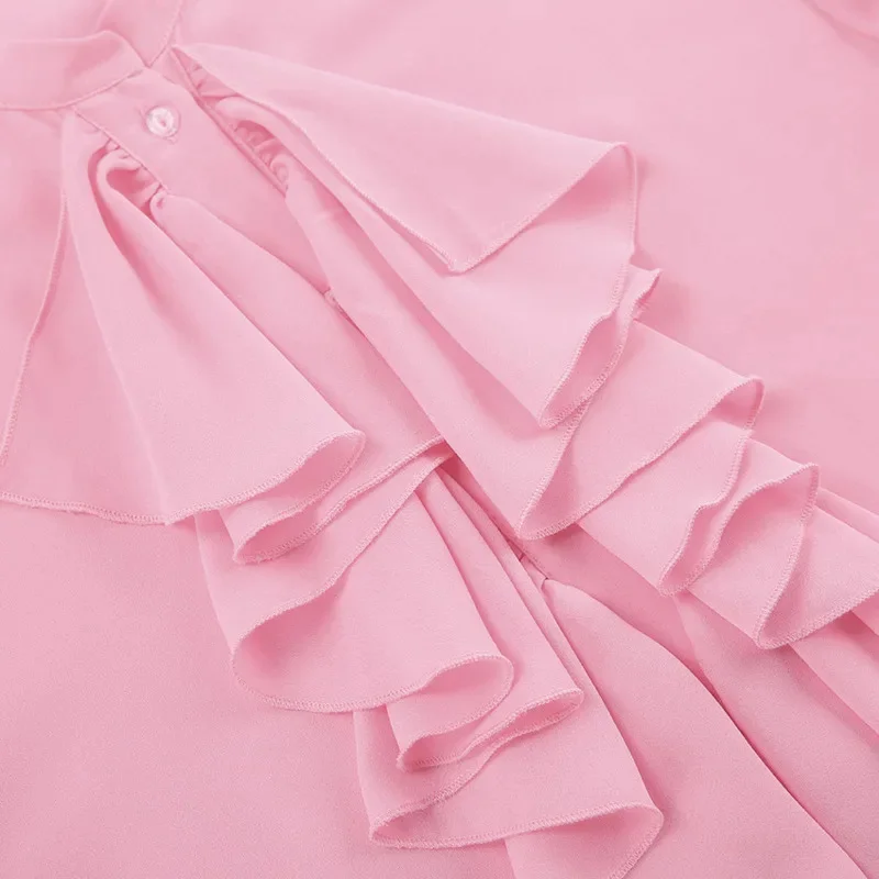 Elegant Women Chiffon Shirt Fashion O-Neck Ruffled Trumpet Sleeve Long Sleeve Single-Breasted Loose Casual Top Autumn Outerwear