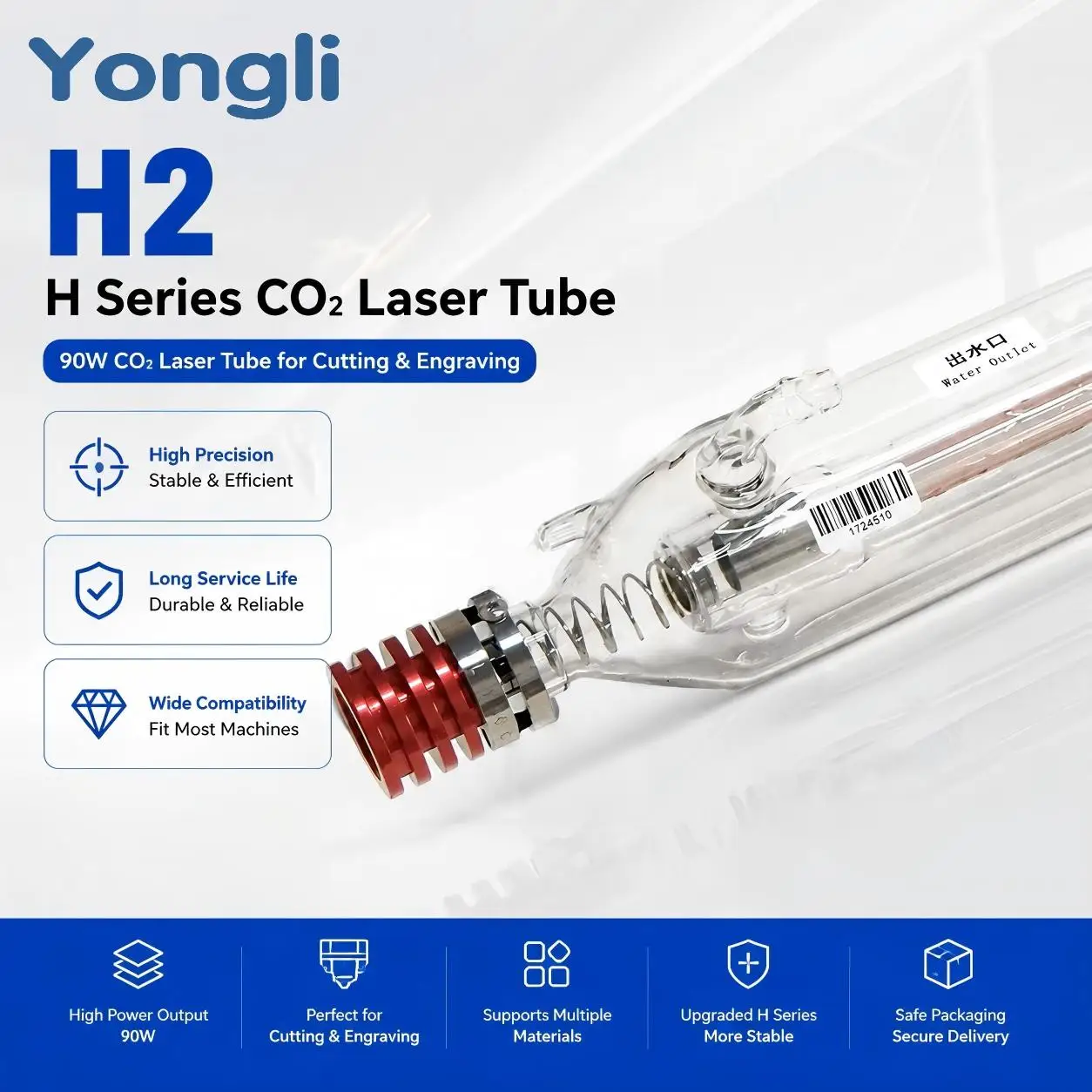 Yongli H2 H Series 90W CO2 Laser Tube for Cutting & Engraving, High Precision, Durable, Compatible with Most Machines