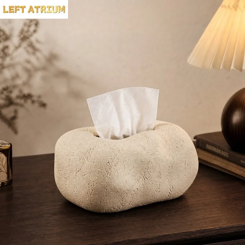 Wabi-Sabi Style Travertine Tissue Box Cover, Rustic Stone Napkin Holder for Living Room Table, Minimalist Home Desktop Organizer