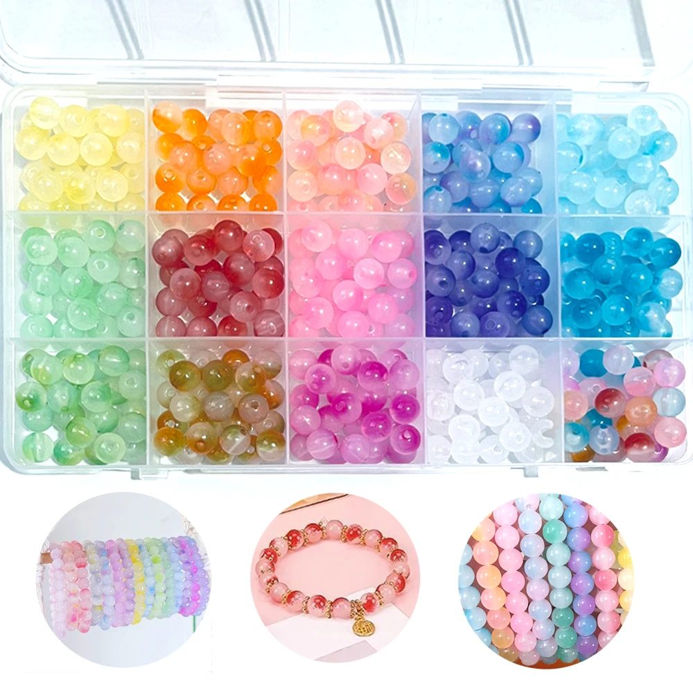 Glass bead box DIY crack bead circular paint 8mm handmade lighting and jewelry accessories 15 grids approximately 390 pieces