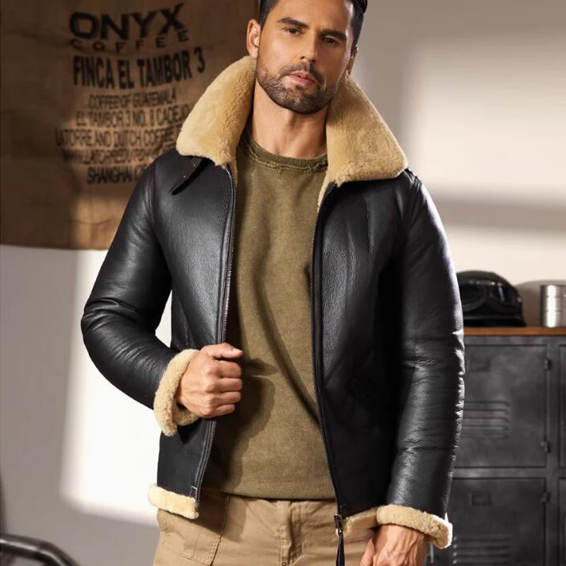 Denny&Dora Men's Shearling Jacket B6 Sheepskin Coat Bomber Air Force Flight Jacket Casual Winter Leather Jacket