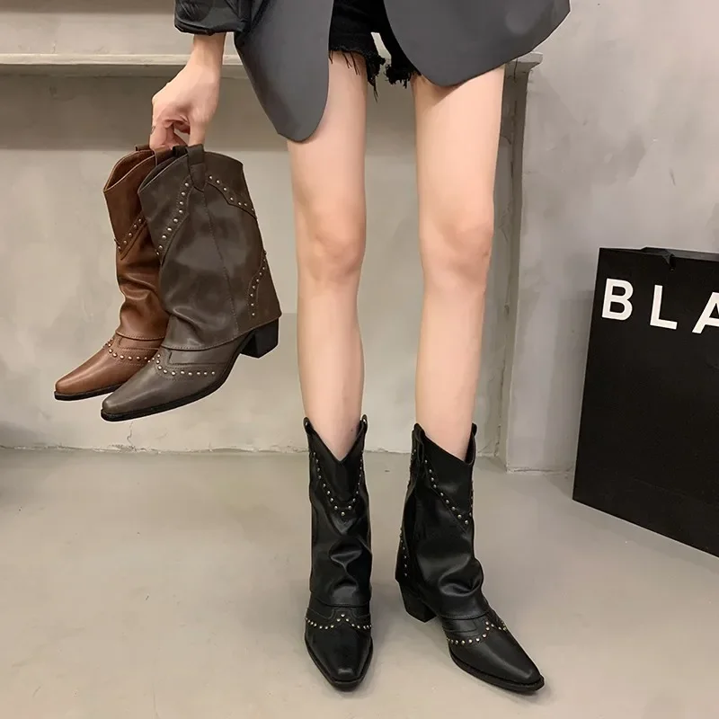 Comemore-Botas de vaqueiro ocidentais para mulheres, saltos grossos, sapatos góticos retrô, bezerro médio, dedo do pé baixo, outono, inverno, rebite