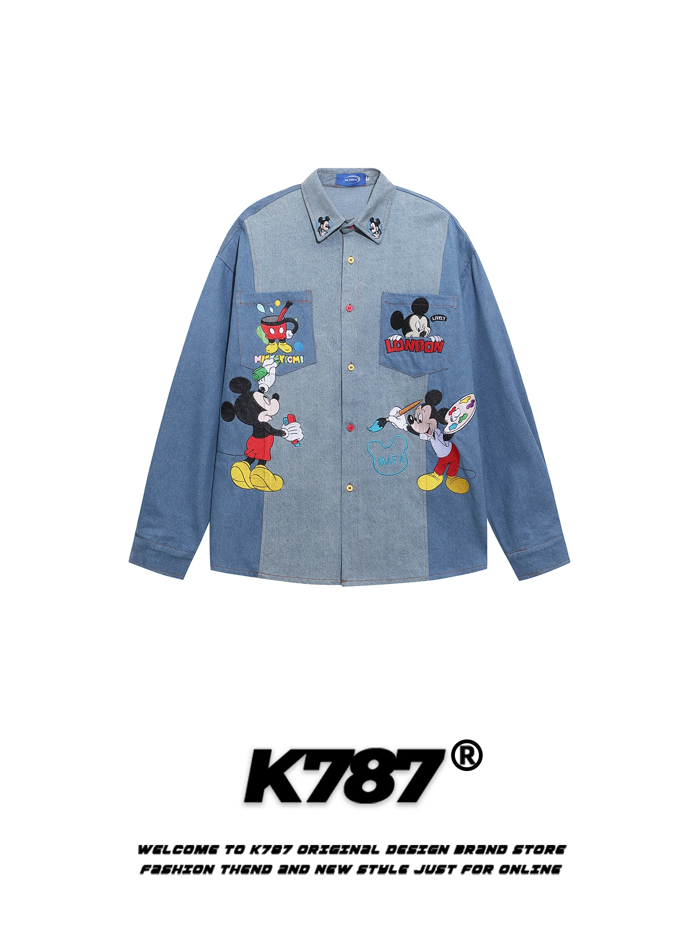 

K787 American Retro Color Blo Long Sve Denim irt Loose Fit ex College Sle Couple irt Spring Youth Cotton irt