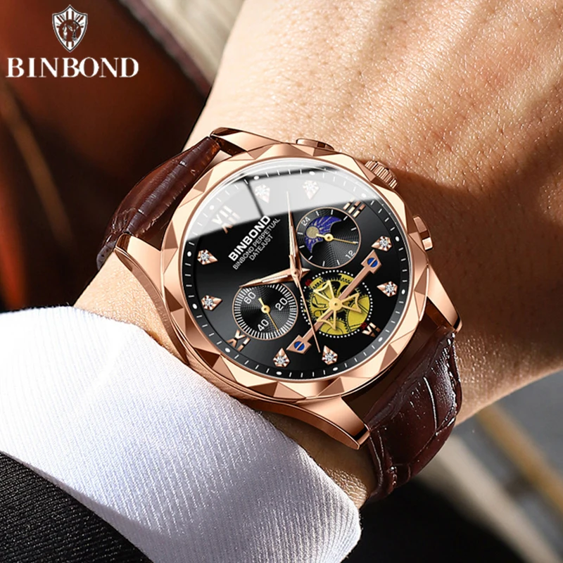 BINBOND-Reloj de lujo con esfera a escala de diamante para hombre, resistente al agua, luminoso, de cuero, informal, cronógrafo, de cuarzo, 30M