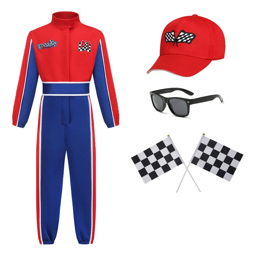 Child Race Car Driver Costumes Carnival Boys Girls Racer Jumpsuit with Car Cap Sunglasses Kids Halloween Costume Cool Streewear