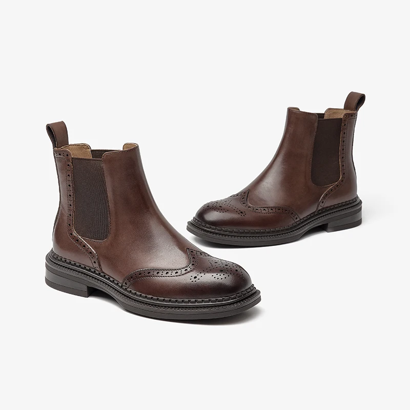 BEAUTODAY Women Chelsea Boots Genuine Calfskin Leather Round Toe with Brogue Pattern Elastic Band Ladies Shoes Handmade 03077