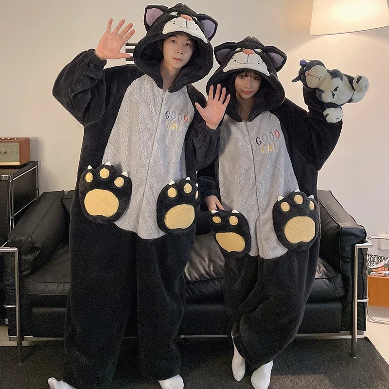 Kigurumis Cat Kawaii Sleepwear Women Men Pajamas Onesie Winter Thicken Pyjama Jumpsuit Zipper Funny Cute Couples One-piece