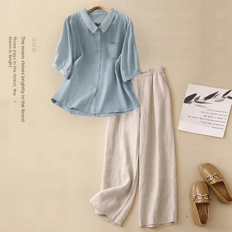 

High-End Women's Casual Shirt Set Wide Leg Pants Two-Piece Suit Spring Summer New Arrival Comfortable Commute Style Artistic