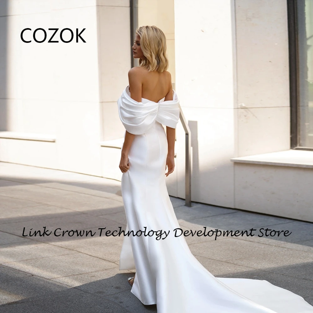 COZOK White Strapless Wedding Dresses for Women Front Slit 2025 Summer Court Train Satin Bridal Gowns Pleat Vestido Novia New