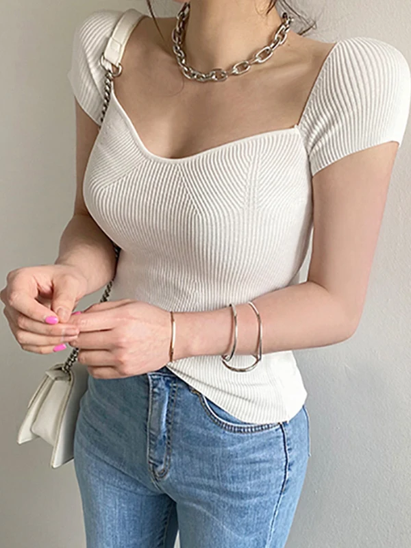 

Faionable Sexy Square Ne Knitwear ort Sve Slim Fit Belly Button Baring Top для женщин, летний модный Pure Desire Sle