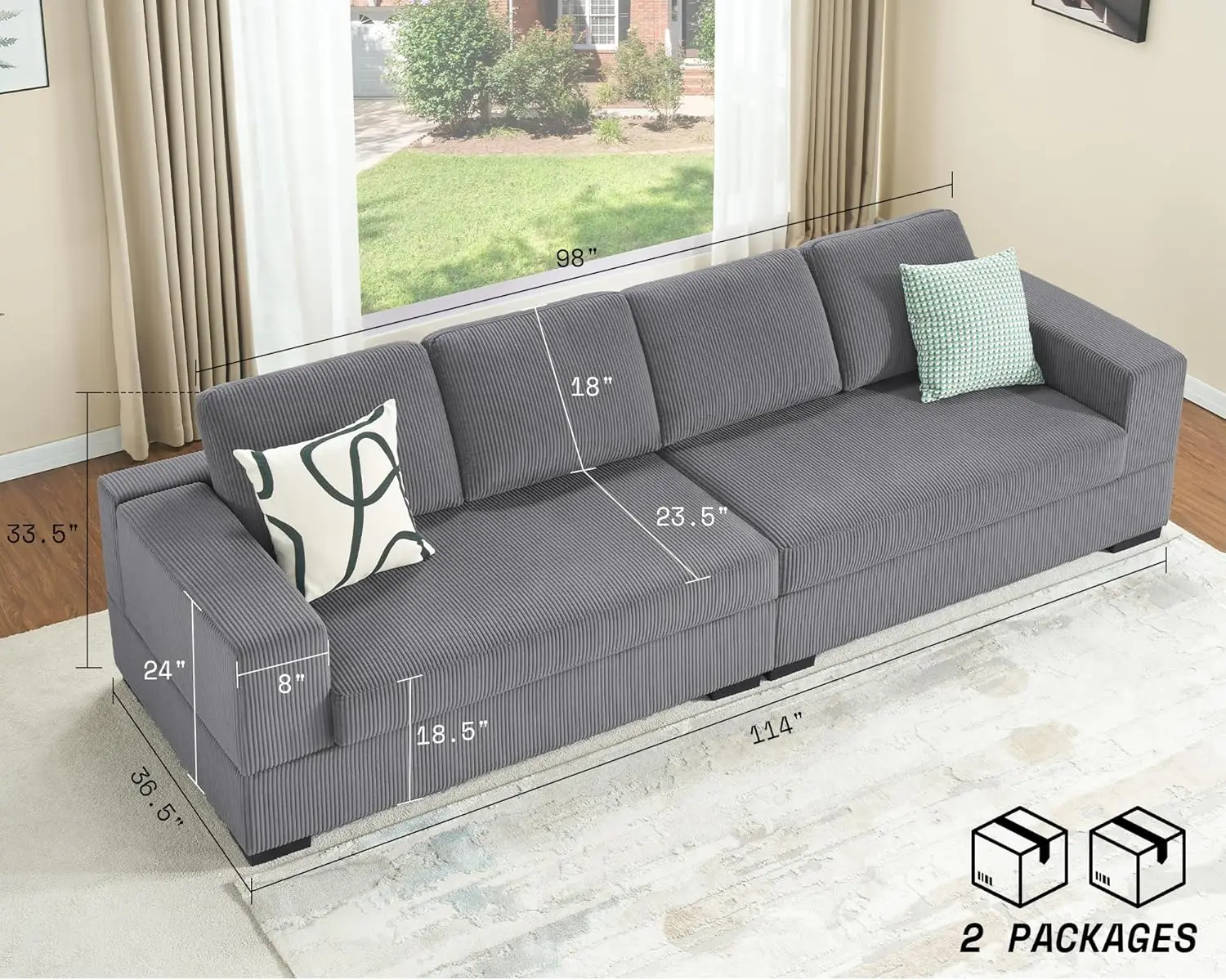 114 Inch Couch Oversized Sofa- Deep Seat Sofa in Beige Corduroy Comfy Sofa Couch for Living Room 37