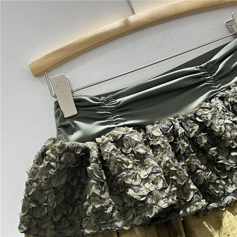 WTHT موضة المرأة تقسم الدانتيل مطوي حافة نفخة تنورة العصرية مطاطا عالية الخصر ألف خط التنانير 2025 الصيف الإناث 1LS1449