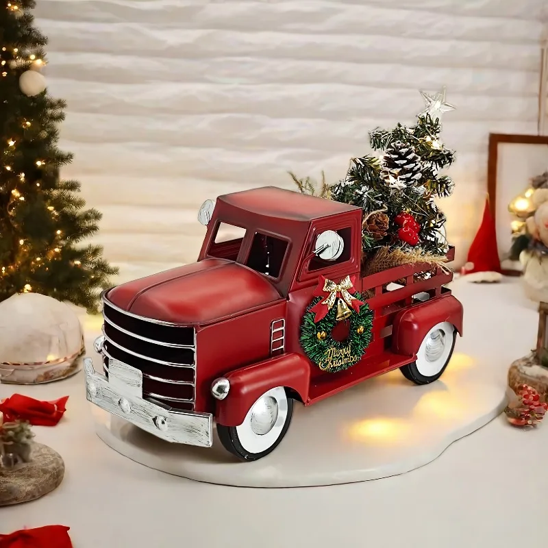Vintage Red Christmas Truck Decor with Lights Metal Pickup Truck Retro LED Light Christmas Tree Home Party Xmas Decor Kids Gift