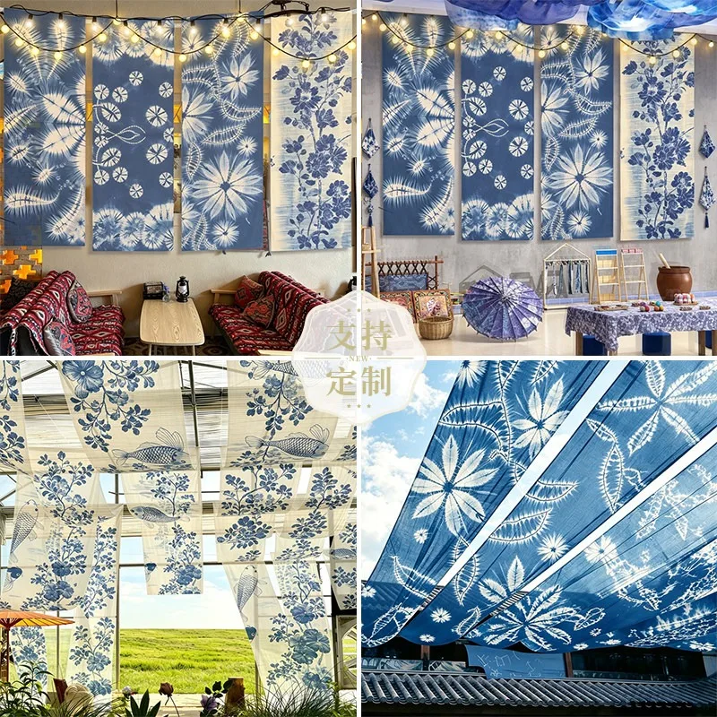 ✨ Hanging Room Divider – Indigo Tie-Dye Print Semi-Sheer Chiffon Drape, Ceiling Hanging Party Decor Curtain for Boho Events