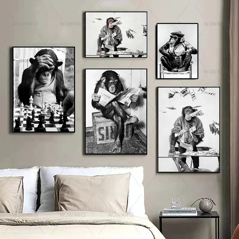 Funny Monkey Read Newspaper Play Chess Animal Poster and Print Nordic Wall Art Canvas Painting Picture For Child Room Home Decor