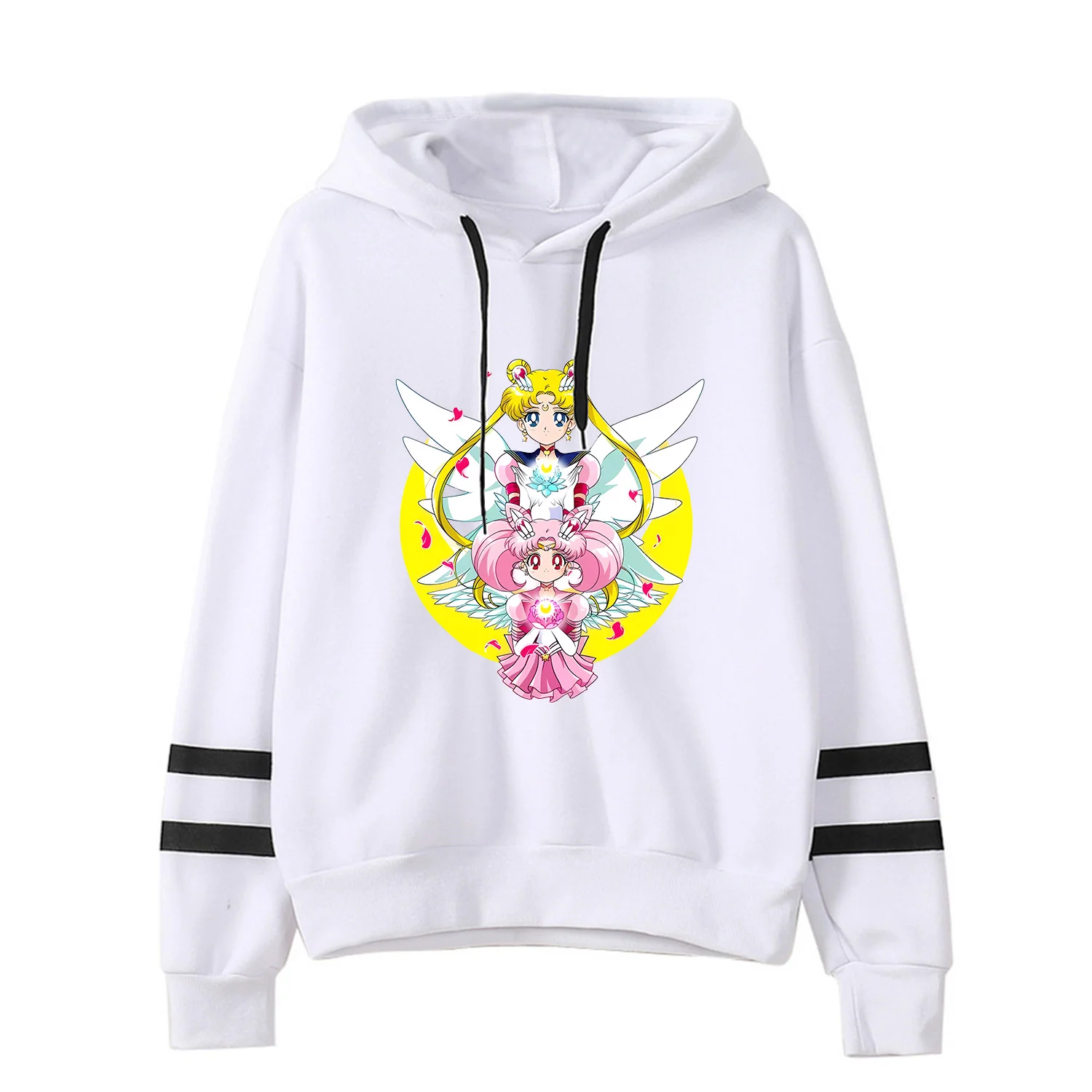 Sailor Moon Hoodie for Women White Black Long Sleeve Anime Printed Hooded Striped Sweatshirt Y2k Casual Sporty Adult Clothing